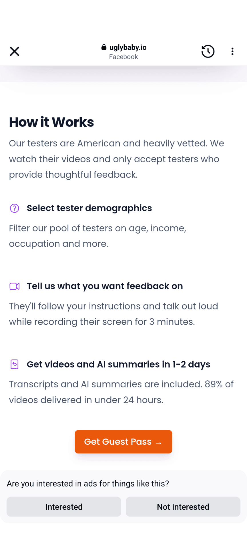 The uglybaby.io 'How it Works' explainer: choose tester demographics, submit instructions, receive videos and AI summaries.