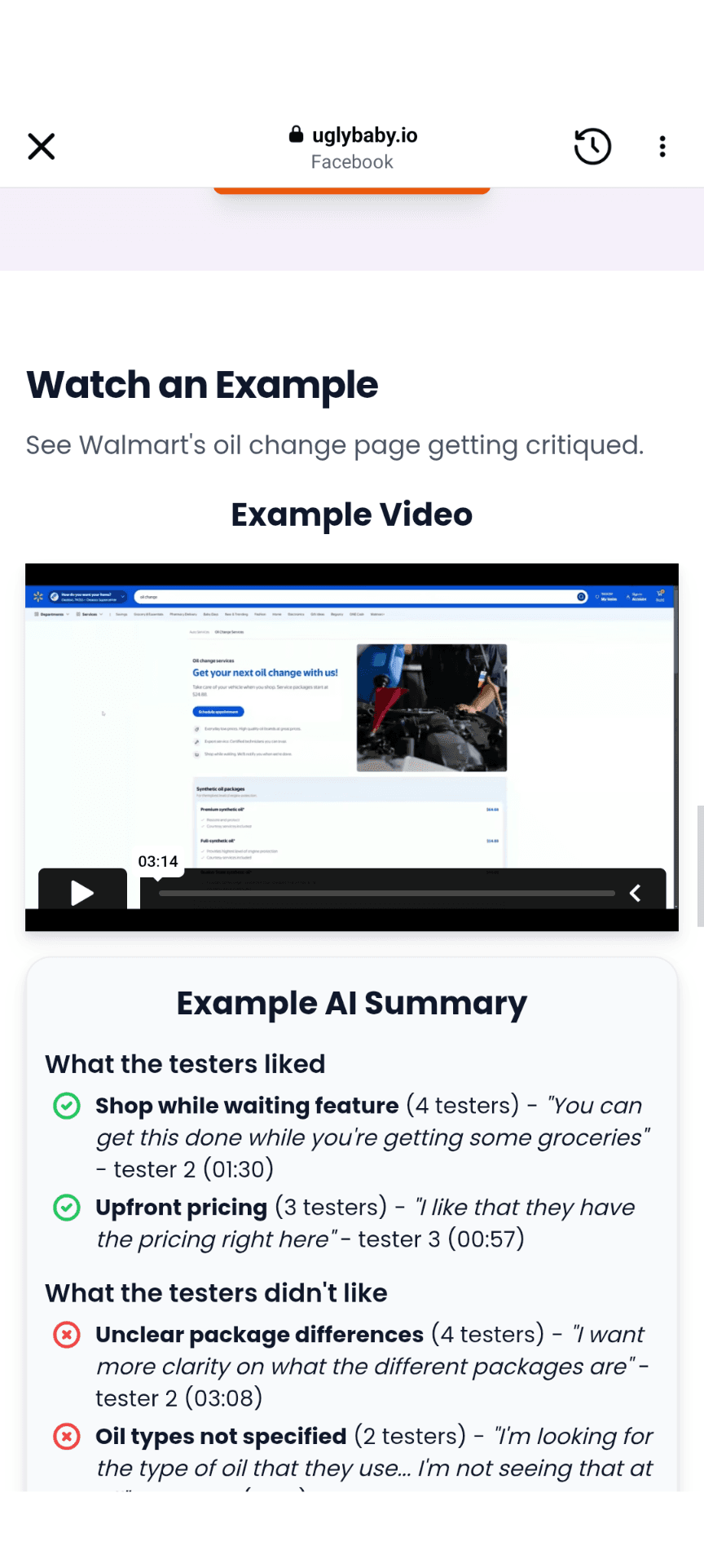 An example AI summary of tester feedback on a Walmart oil-change ad, listing likes and dislikes with timestamps.