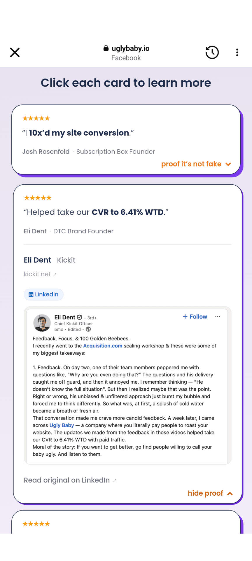A uglybaby.io testimonial card with an expanded 'proof it's not fake' panel showing the reviewer's real LinkedIn post.