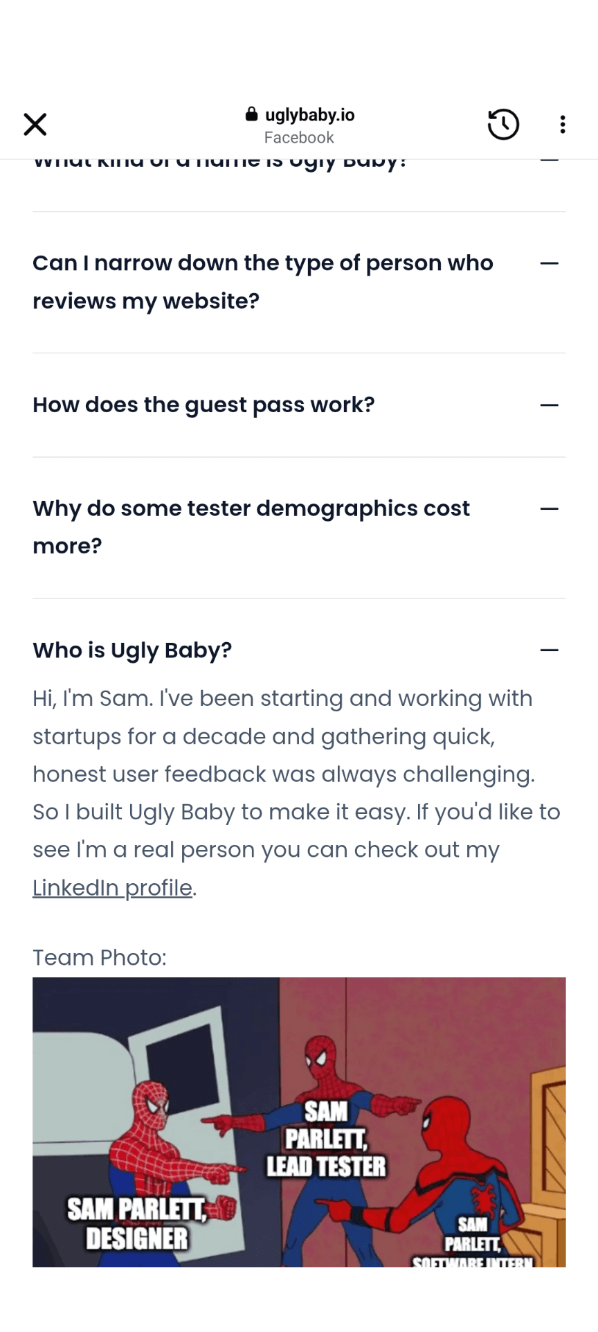 The 'Who is Ugly Baby?' answer with a note from Sam Parlett and a Spider-Man-pointing meme as the team photo, all three figures labelled Sam Parlett.