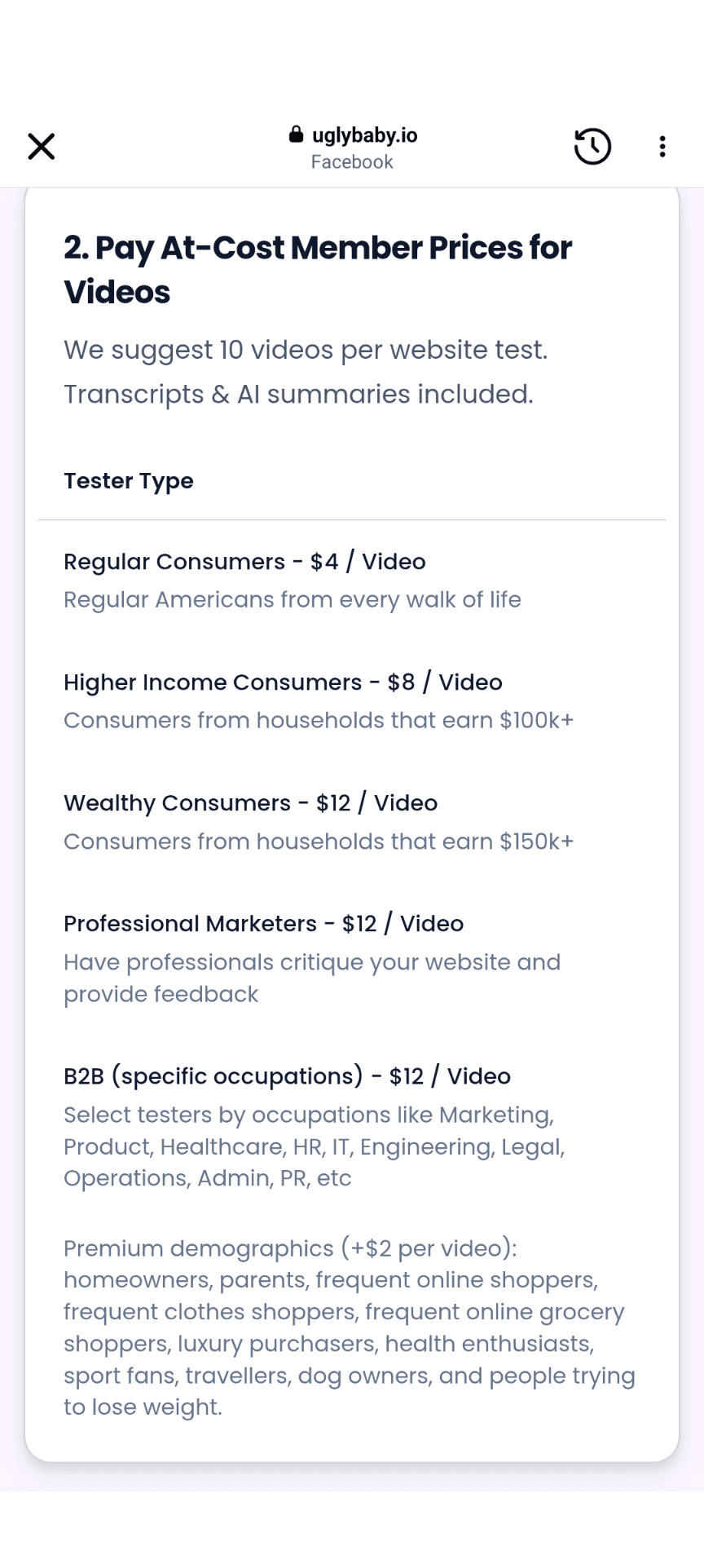 Ugly Baby's tester pricing tiers, $4 to $12 a video by type, plus a +$2 premium-demographics note.