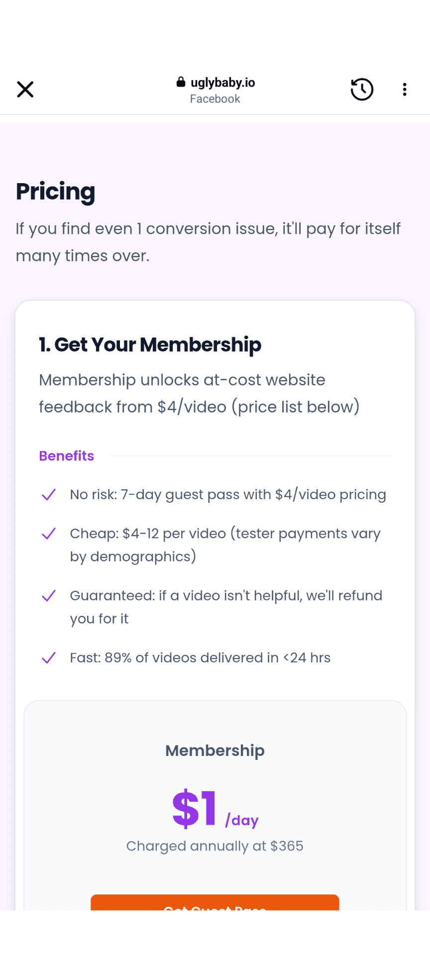 The Ugly Baby membership card: $1/day, charged annually at $365.