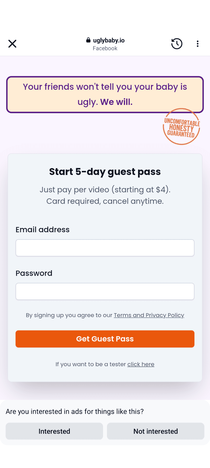 The uglybaby.io 'guest pass' signup with email and password fields and a 'Get Guest Pass' button.