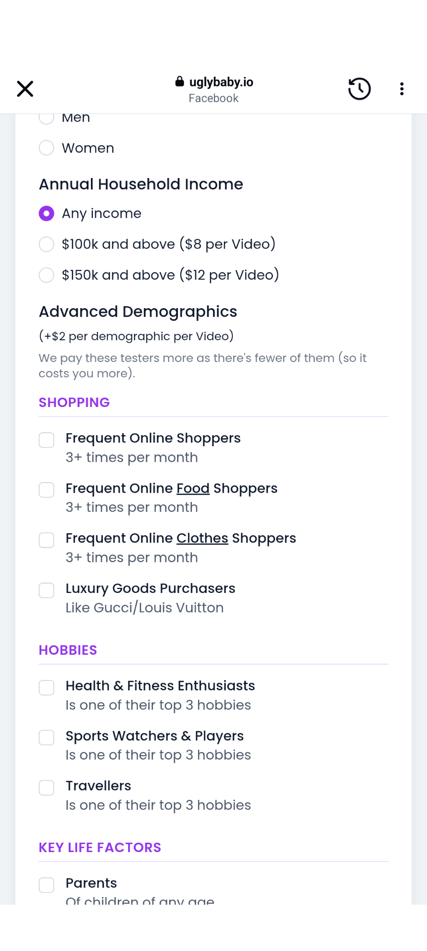 The Advanced Demographics step: income bands and checkbox filters for shopping, hobbies and key life factors, each adding $2 per demographic per video.