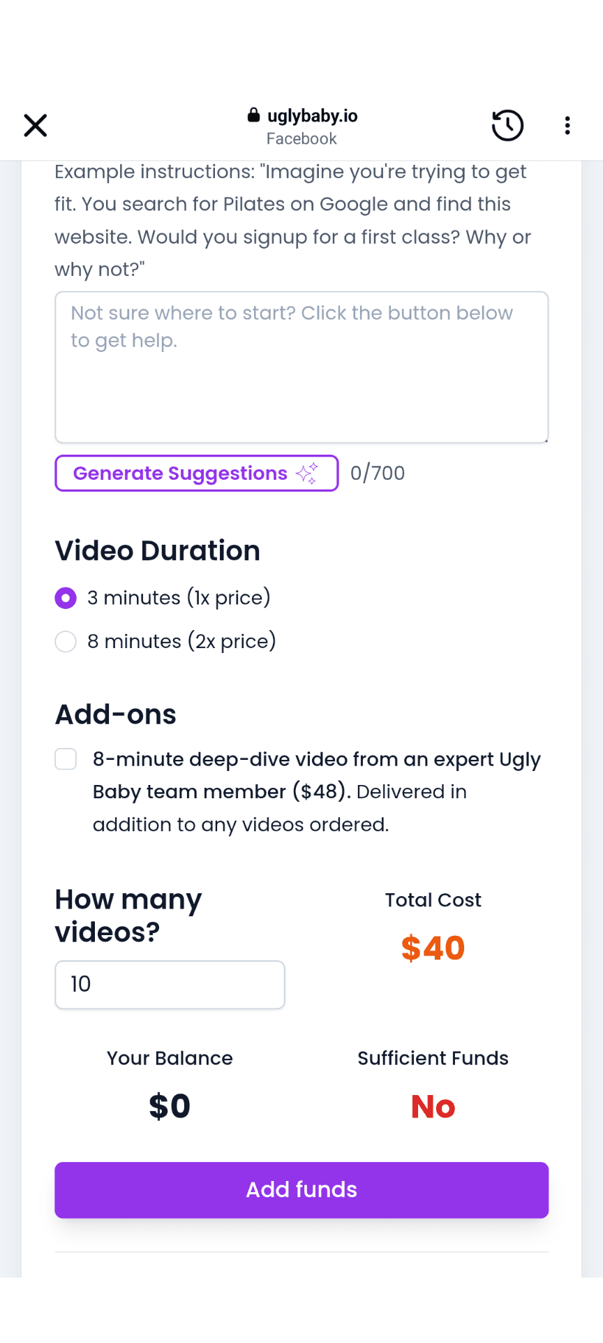 The checkout step: video duration options, a $48 add-on, quantity 10, total $40, and 'Your Balance: $0 / Sufficient Funds: No / Add funds'.