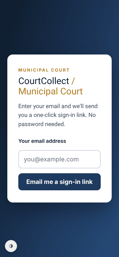 The court sign-in page on a phone: a white card on a deep blue background reading Municipal Court, CourtCollect / Municipal Court, an explanation that a one-click sign-in link is emailed with no password, one email field, and a button labeled Email me a sign-in link.