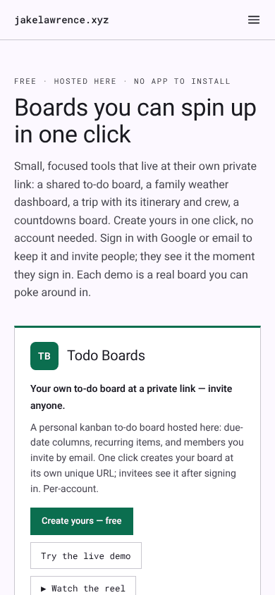 The free tools landing page on a phone: a heading reading Boards you can spin up in one click, a paragraph naming the four boards, and the first card, Todo Boards, with Create yours, Try the live demo and Watch the reel buttons.