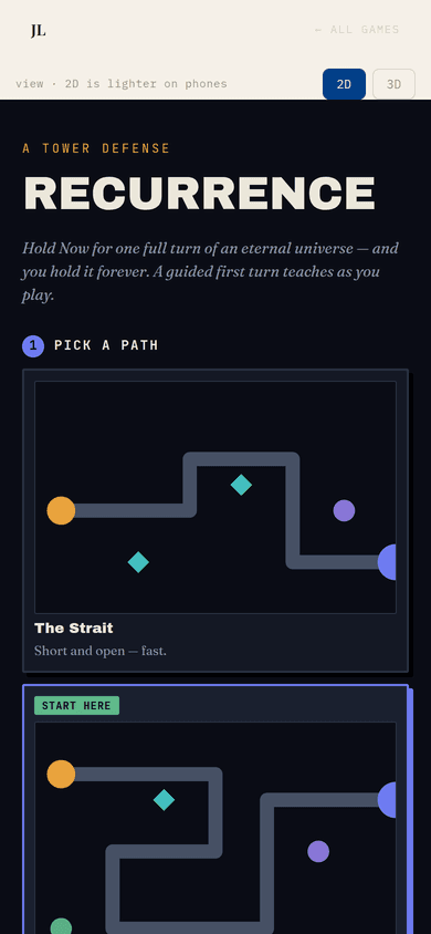 RECURRENCE's cover screen on a phone-sized viewport, captured from a fresh browser context with no dismissed prompts.