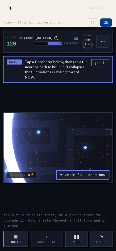 RECURRENCE in its 3D render mode during play, the board filling the viewport and the control dock along the bottom unobstructed.