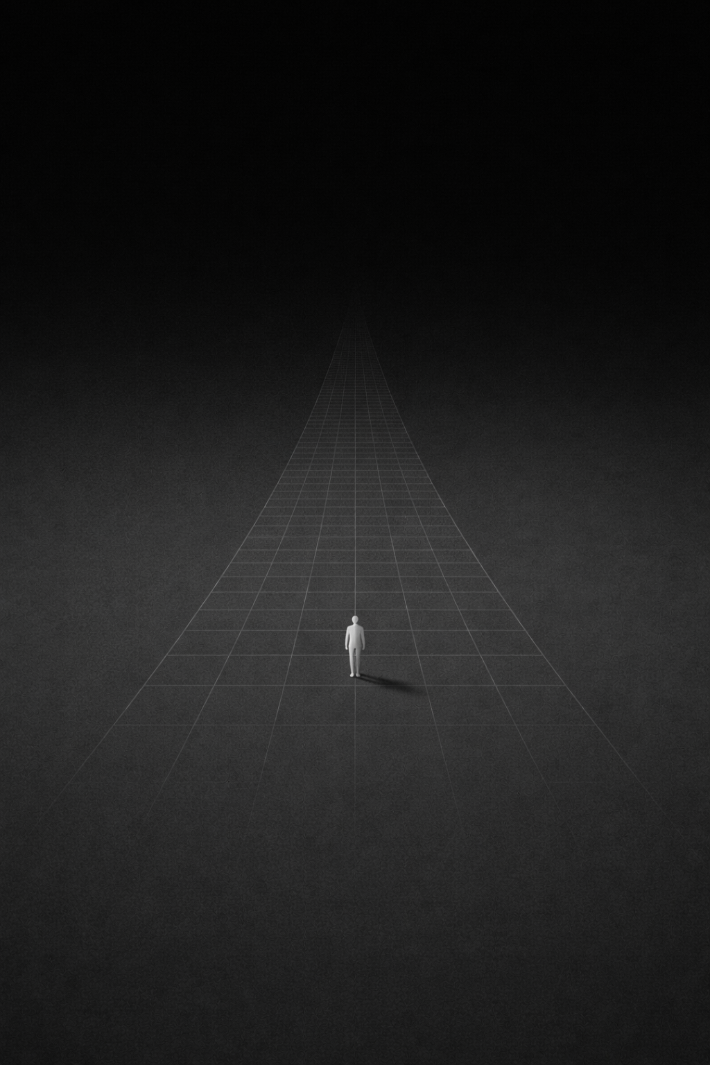 A solitary white figure standing on a small triangular patch of illuminated grid, surrounded by vast darkness