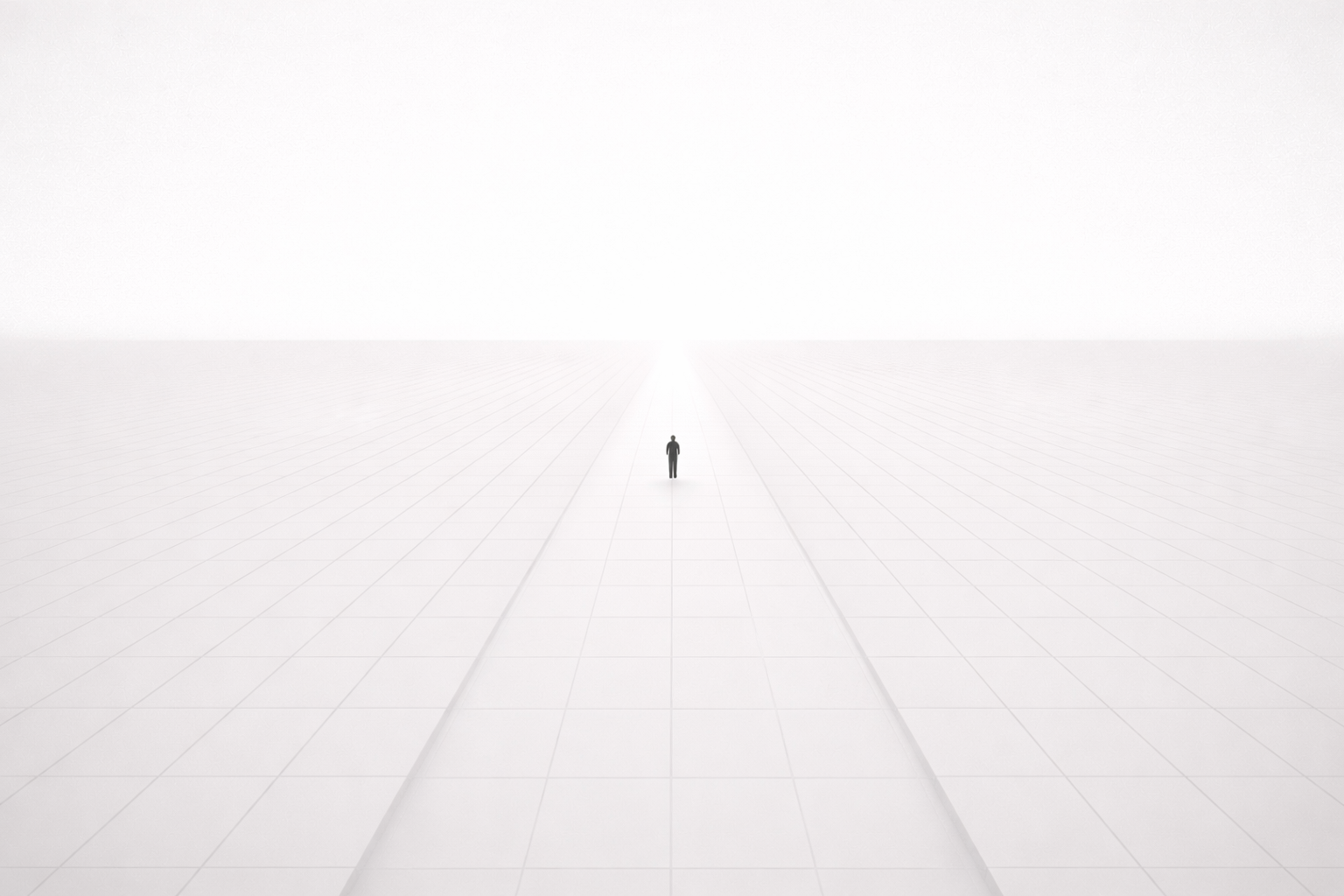 A figure standing on a narrow converging path between two vast white planes that meet at a vanishing point ahead