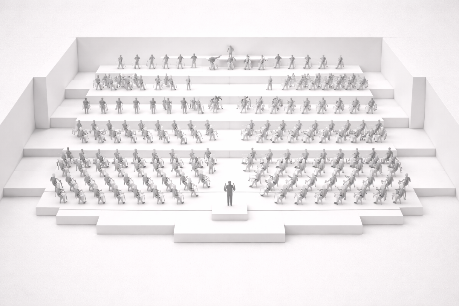 A single figure on a small podium facing an enormous tiered orchestra of musicians arranged on ascending white platforms