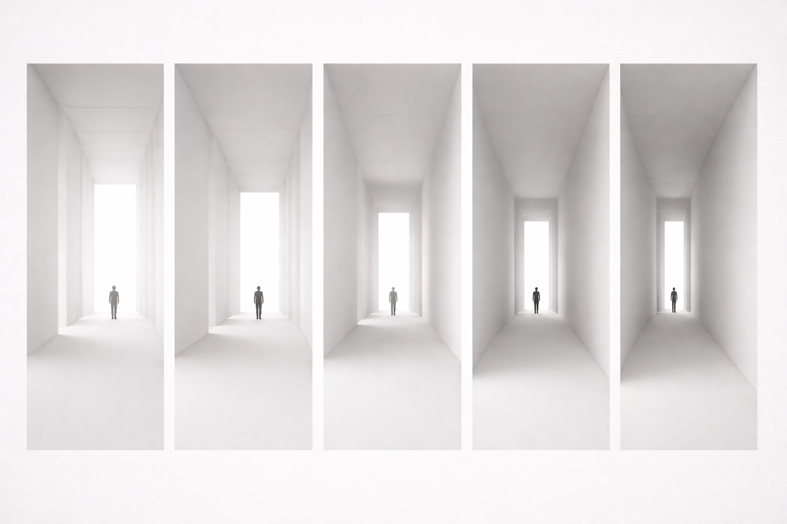 Five tall corridor panels side by side, each containing a small figure at different distances walking toward narrowing light