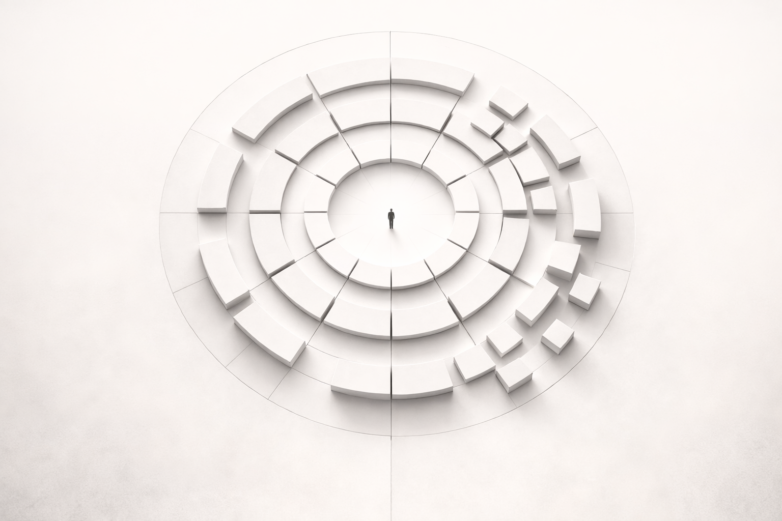 A fragmenting circular disc structure suspended in white space, its segments separating like the hours of a clock that has lost its mechanism