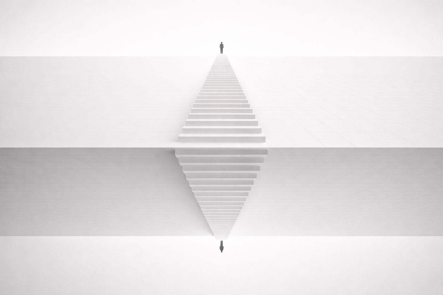 A solitary figure on a narrow straight path with converging perspective lines stretching endlessly in both directions