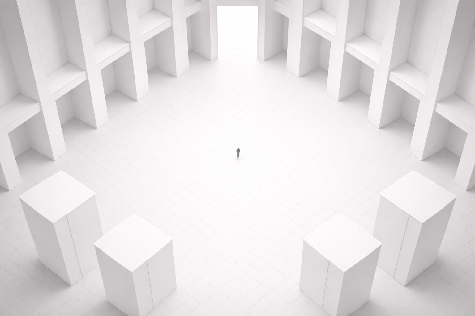 A tiny figure standing at the center of a vast circular clearing surrounded by tall white pillars, with a luminous opening at the far end