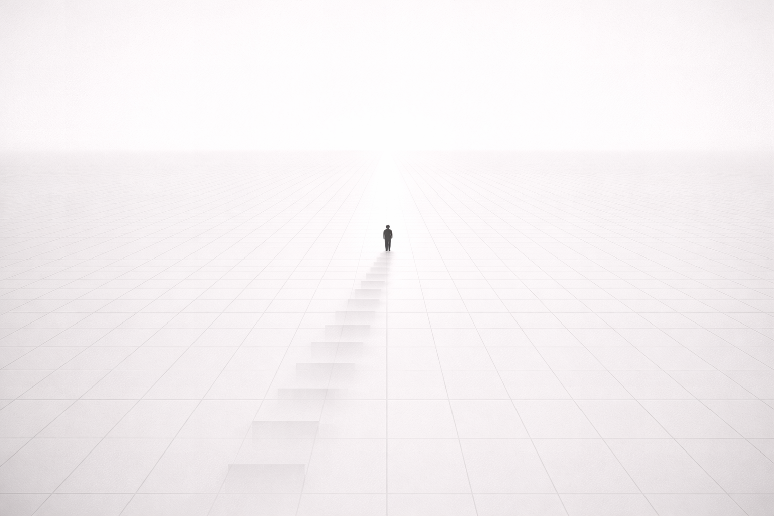 A solitary figure at the end of a long fading trail that stretches toward a vanishing point across a vast white grid
