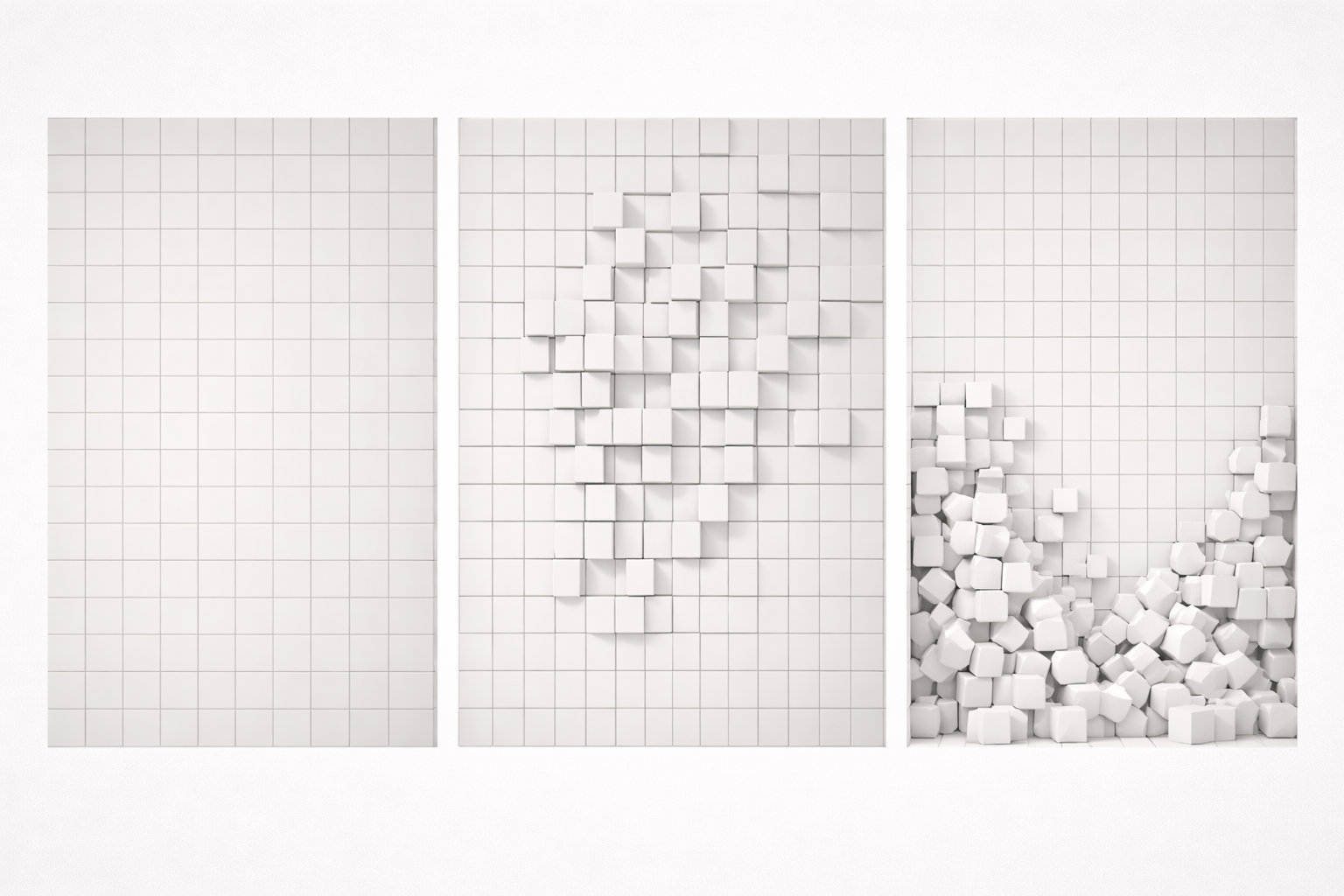 A triptych: left panel shows an orderly white grid; center panel shows tiles lifting and fragmenting; right panel shows the grid collapsed into loose cubes