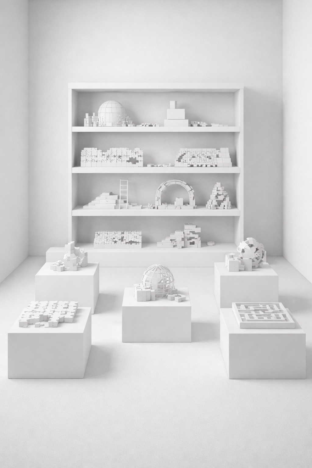 A white room with shelves and pedestals displaying dozens of small architectural models and unfinished structures, each one complete in itself