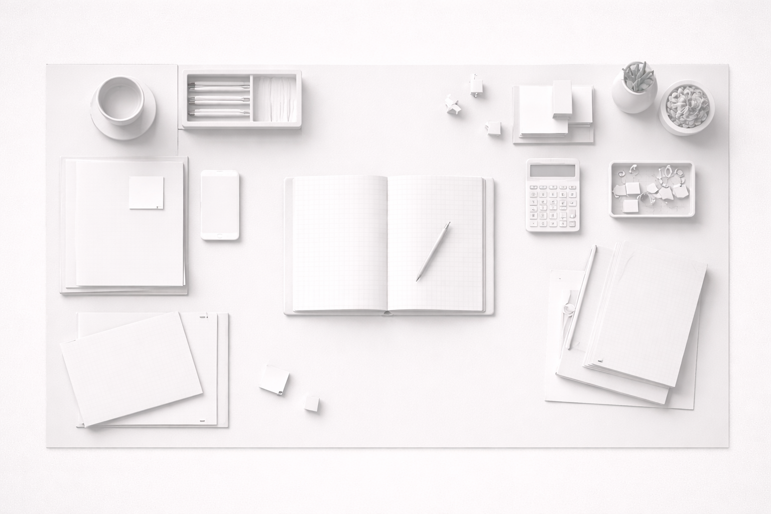 A pristine white desk arranged with notebooks, documents, calculator, and planning instruments, all perfectly ordered, all perfectly blank