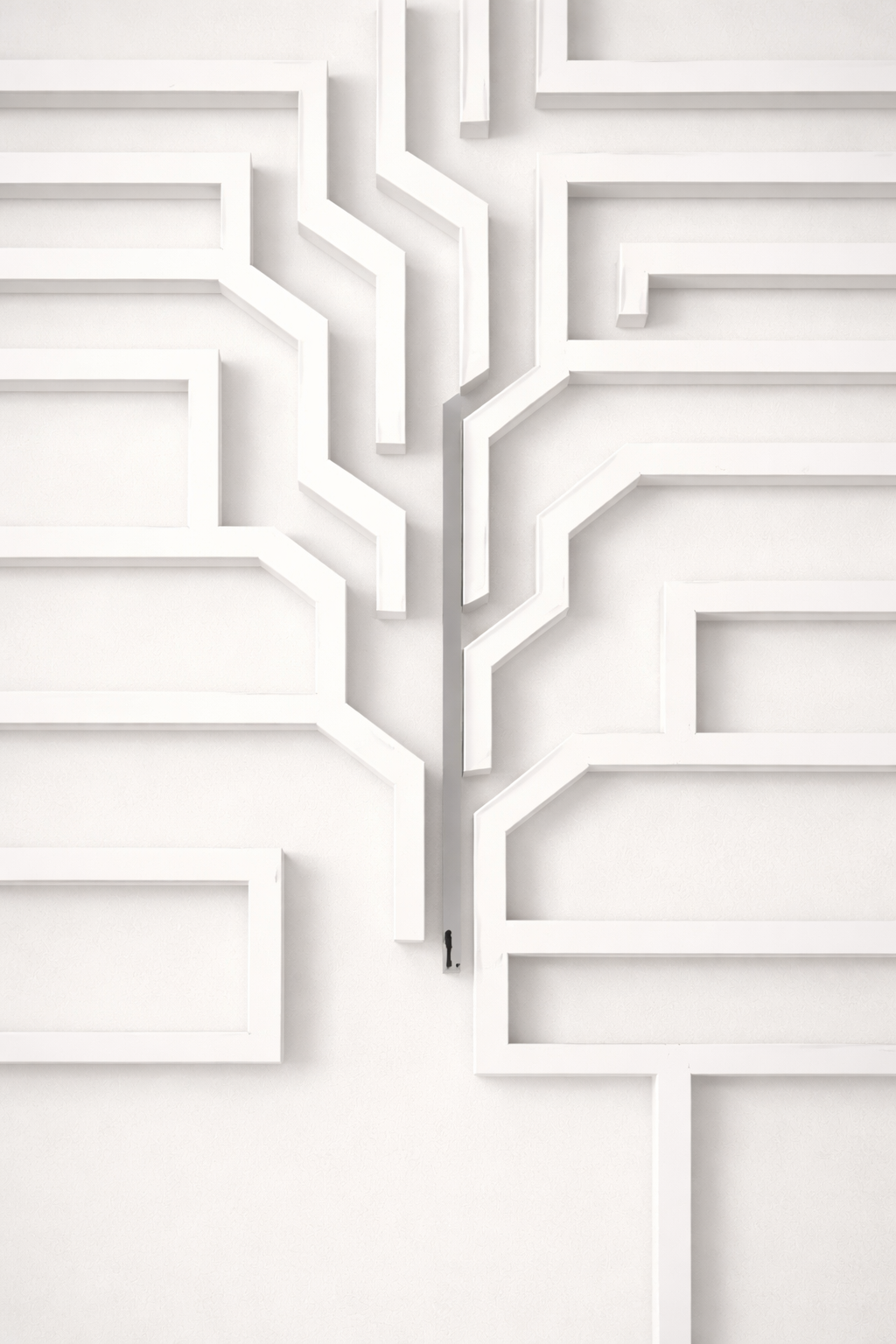 A branching tree-like structure of white corridors ascending from a single root where a tiny figure stands, every fork leading to further forks